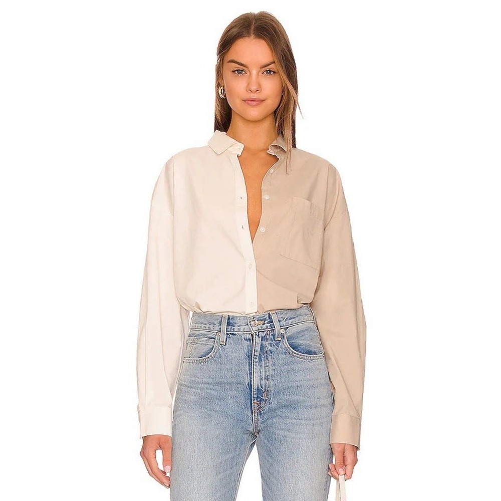 PISTOLA Sloane Oversized Button-Front Split Shirt Colorblock Women's Size Medium